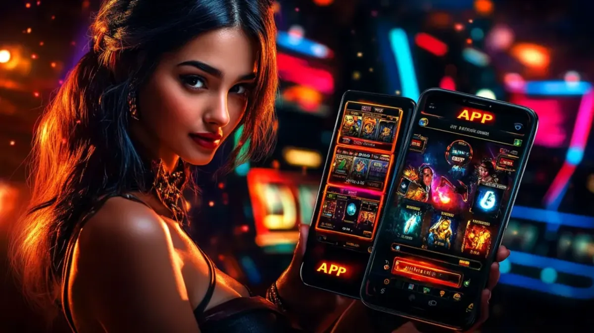 A stylishly animated woman with dark hair holds a smartphone in a casino filled with slot machines. The word APP is glowing in neon lights in the background, promoting the mobile application.