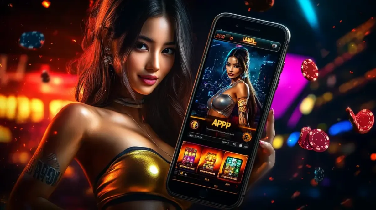 An attractive Asian woman holds a smartphone displaying a gaming app with the word APPP on the screen. The background is a blur of neon casino lights and floating poker chips, highlighting mobile play.