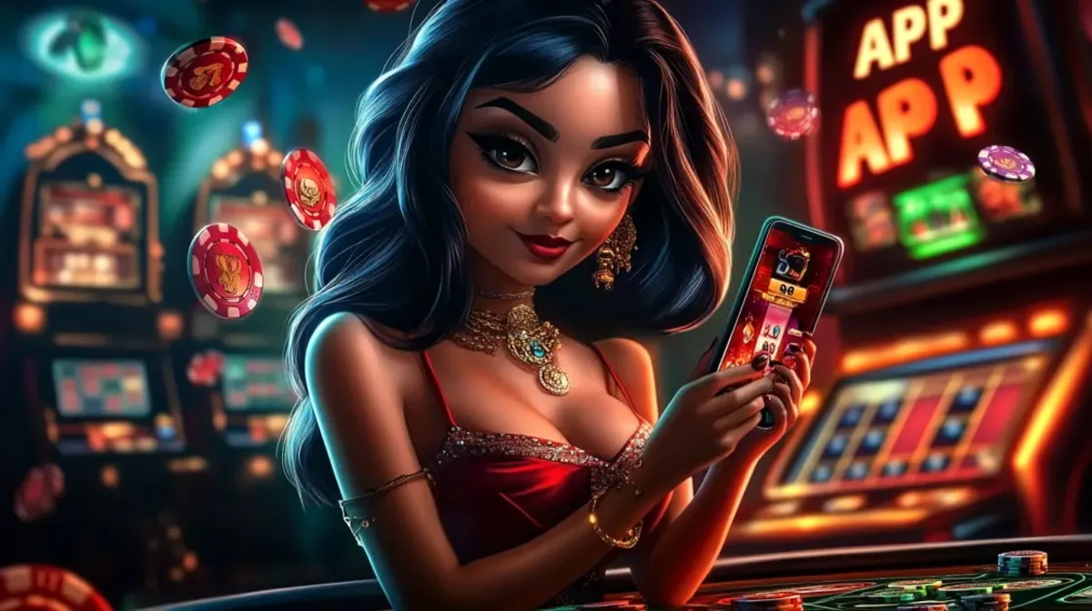 A beautiful blonde woman in a black and gold top holds a smartphone showcasing a casino slot game. The background is filled with glowing gold coins, emphasizing the mobile gaming experience.