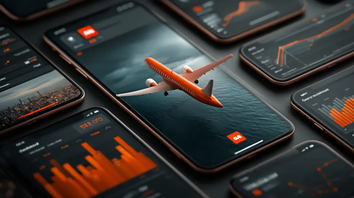 An orange airplane flies over the ocean on a smartphone screen, which is surrounded by other phones displaying financial-style graphs, representing the multiplier chart in the Aviator game.