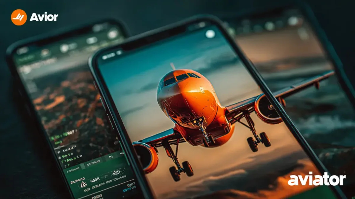 A close-up view of several smartphone screens showing the Aviator game app. A large passenger airplane is shown taking off, with the Avior and aviator logos clearly visible.