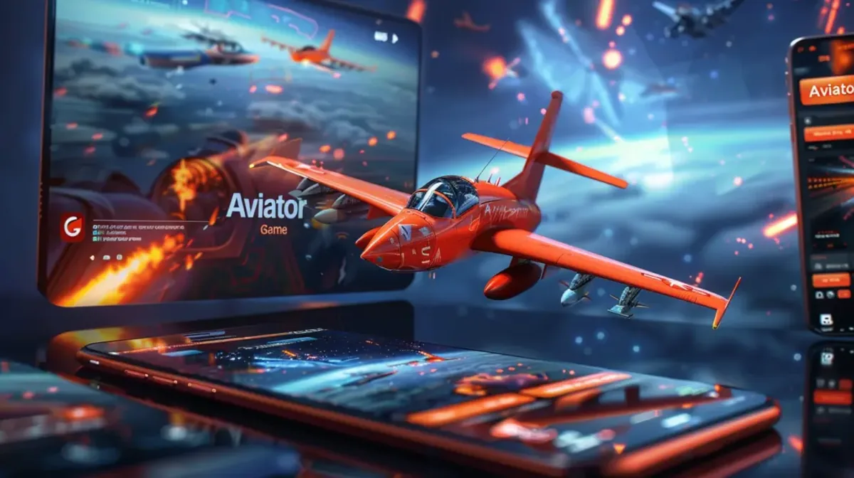 The Aviator crash game displayed on multiple devices, including a tablet and smartphone. A sleek red jet flies across the screen, representing the rising multiplier before the cash-out moment.