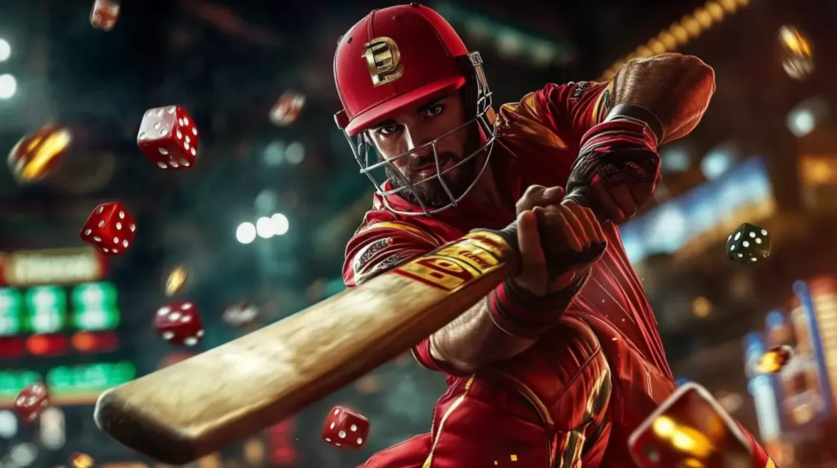 An intense cricket batsman in a red uniform and helmet swings his bat powerfully. Red dice are scattered around him, symbolizing the luck and strategy involved in sports betting.