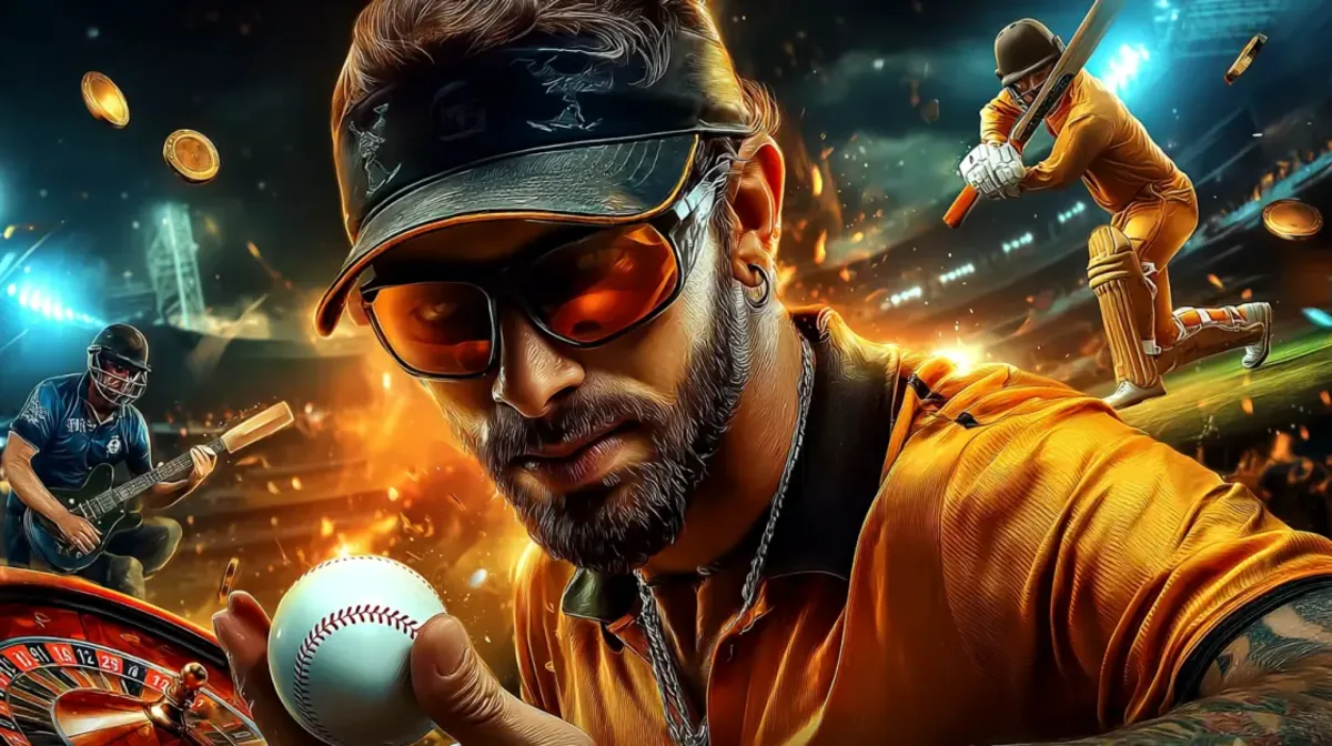 A cool man wearing a visor and sunglasses holds a cricket ball. In the background, a cricketer is batting in a stadium, and a roulette wheel is in the foreground, blending casino and sports betting.