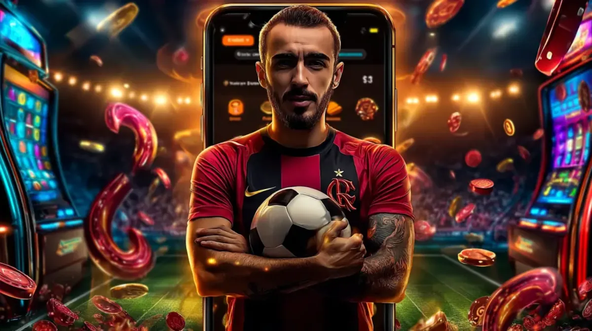 A professional soccer player in a red and black jersey stands confidently holding a soccer ball inside a smartphone frame. The background shows a packed stadium and casino slot machines.