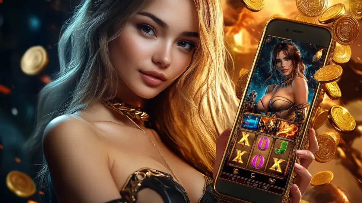 A charismatic man with a joyful, wide smile holds up his smartphone in a busy casino setting. He is surrounded by stacks of gold coins, indicating a successful and easy registration and playing experience.