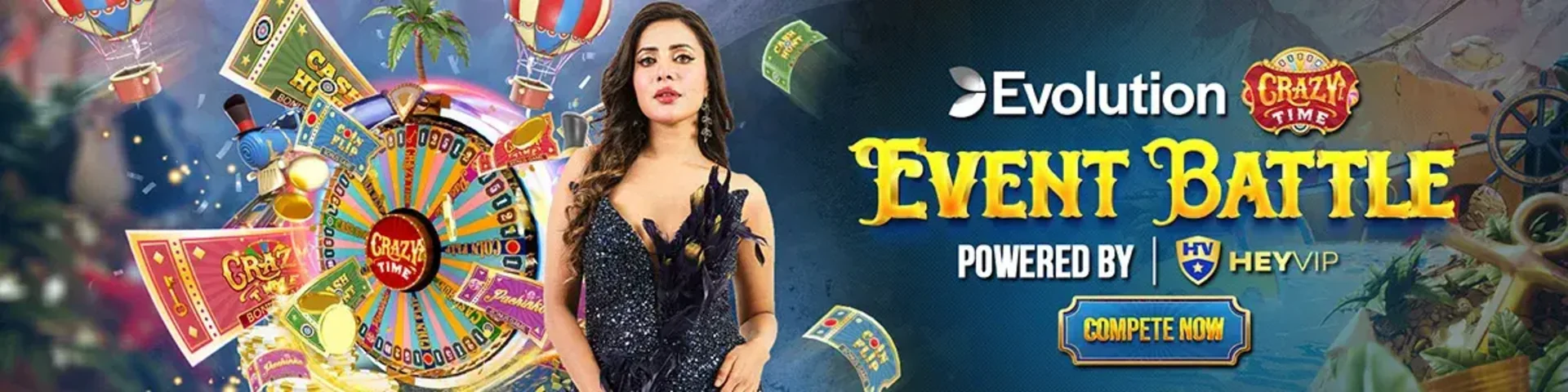 A banner for the Evolution Crazy Time Event Battle powered by HEYVIP. It features a woman in a stylish black dress next to the iconic Crazy Time prize wheel, inviting users to COMPETE NOW.