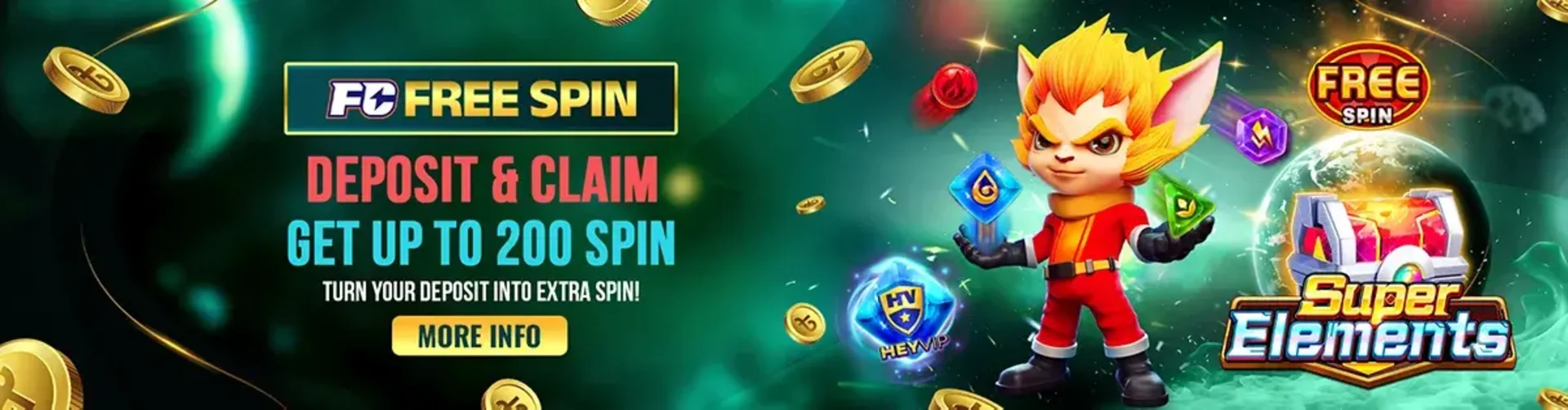 An advertisement for FC FREE SPIN where players can deposit and claim up to 200 free spins. The banner features a cool, spiky-haired cartoon character from the Super Elements game.